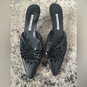 Manolo Blahnik Black Pointed Laser-Cut Mule Heels